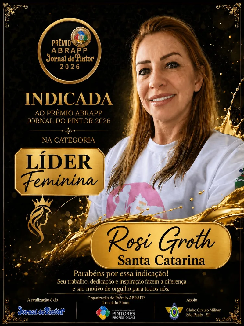 Arte oficial da indicação de Rosi Groth ao Prêmio ABRAPP Jornal do Pintor 2026, categoria Líder Feminina